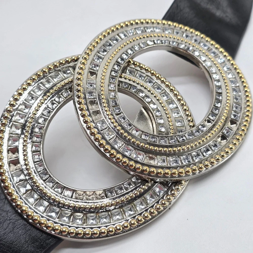 Chico's Belt Glitzy Rhinestones Black Leather Hook Silver Gold Circle Buckle M/L